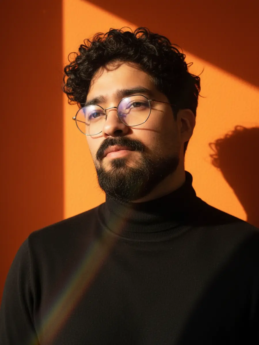 Edgar Pinto portant des lunettes sur un fond orange