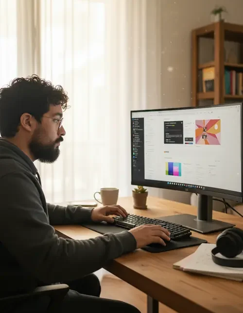 Edgar en train de travailler sur l'ordinateur